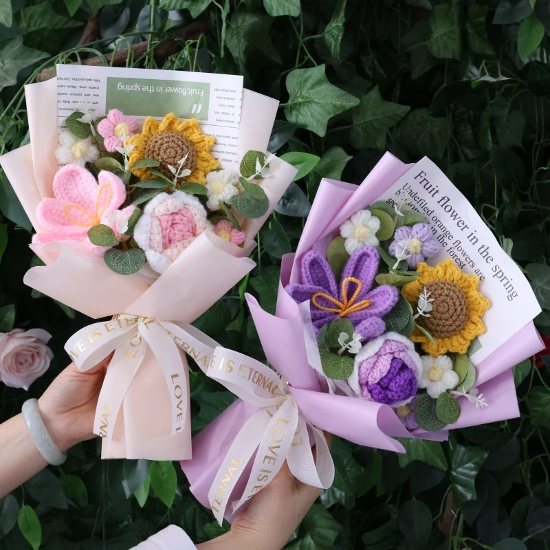Rose Sunflowers Tulip Artificial Flowers Crochet Finished Knitted Bouquets Valentine Mothers' Day Birthday Graduation Gift