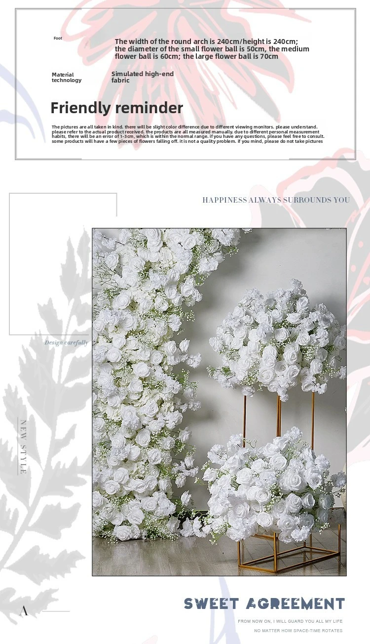 2,4 m U-förmiger Hochzeitsbogen mit künstlichen weißen Rosen, Schleierkraut und Hortensien, Blumenarrangement, Eisenrahmen, Hintergrund für Events und Partys – Detail 3