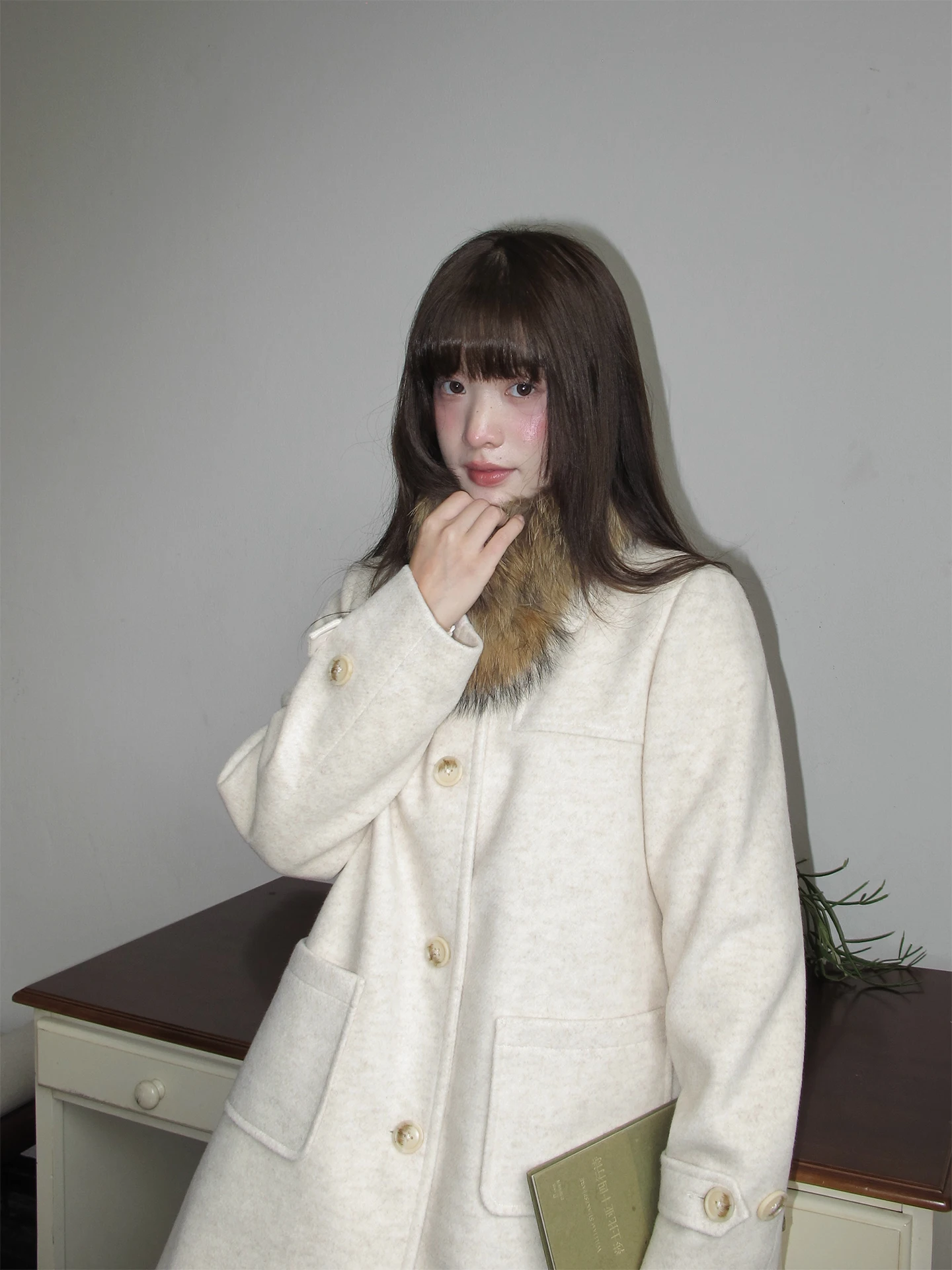 

Olive een Woolen Coat And Skirt Set Women's Faionable Retro Autumn Winter Outfit Turn-down Collar f-length Skirt