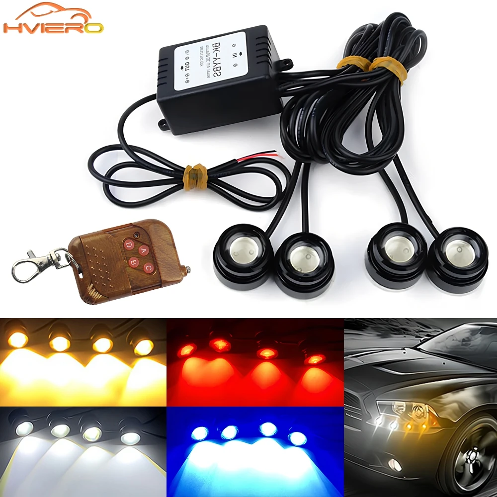 

4 in1 Car LED Network Flash Wireless Remote Control Day Running DRL Eagle Eye One Tow Four 16 Mode Truck Motorcycle DC 12V Light