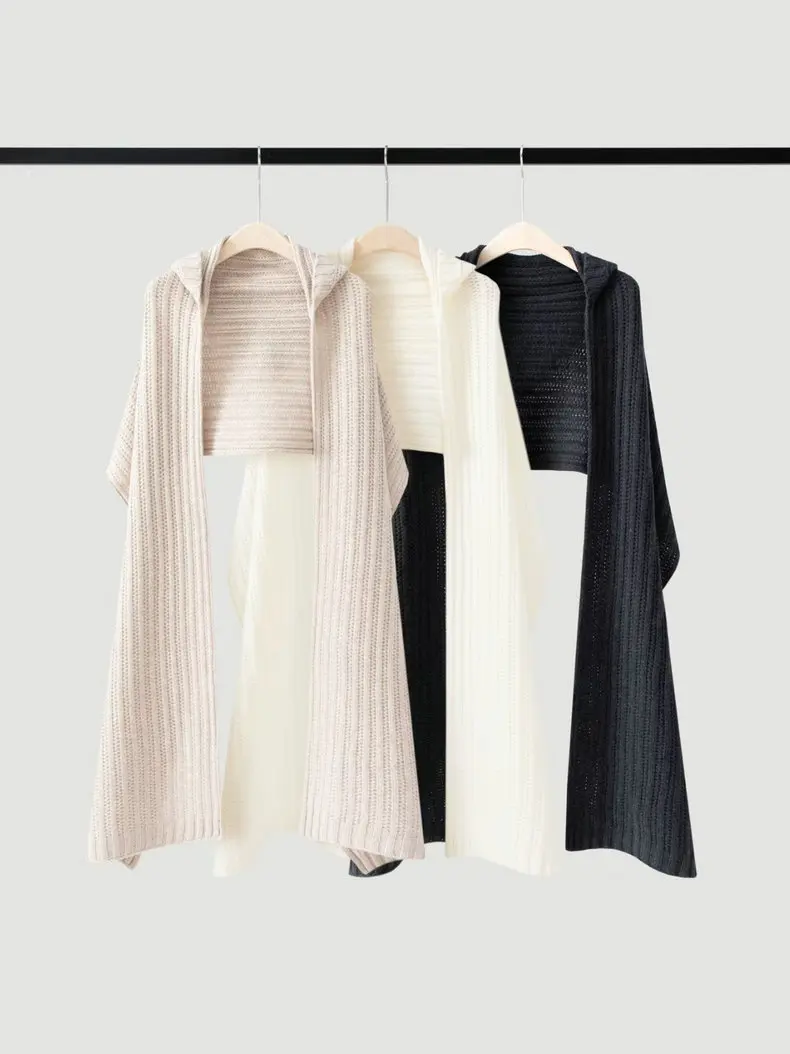2026Autumn/Winter Women's Ribbed Knit Wool Hooded Cape/Shawl