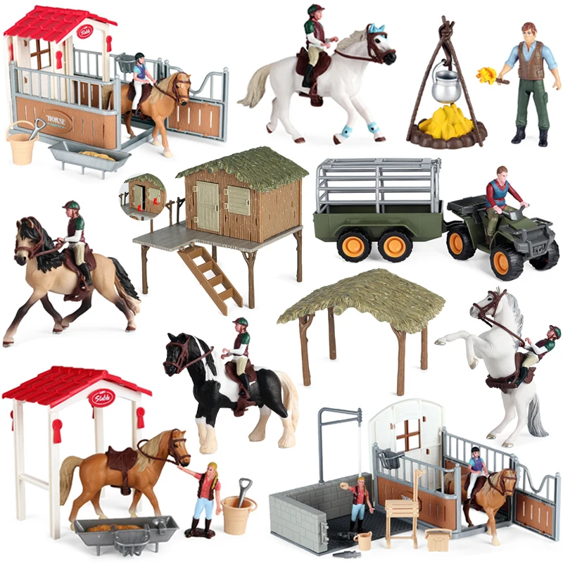 Simulation Farm Horse Fence Cart Animal Figurine Equestrian Knight Rider Stables House Model Action Figure Kids Educationa Toys