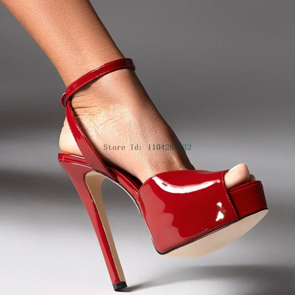 

Red Patent Leather Platform High Heels Stiletto Ankle Buckle Strap Solid New Arrivals Fashion Slingback Buckle Strap Shoes
