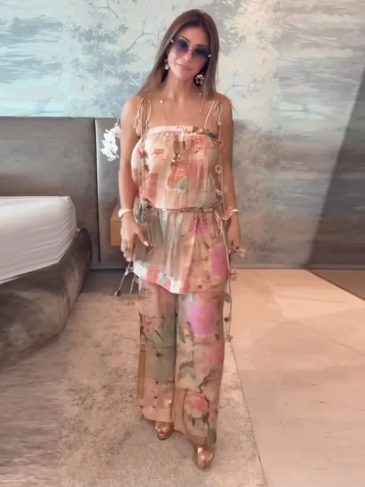 3D-Blumenbedruckte Spitzen-Oberteile mit Schnürung und Hosenanzüge für Damen, sexy ärmellose, rückenfreie, schmale Oberteile, weit geschnittene Hosen, charmante Damen-Outfits, neu – Detail 25
