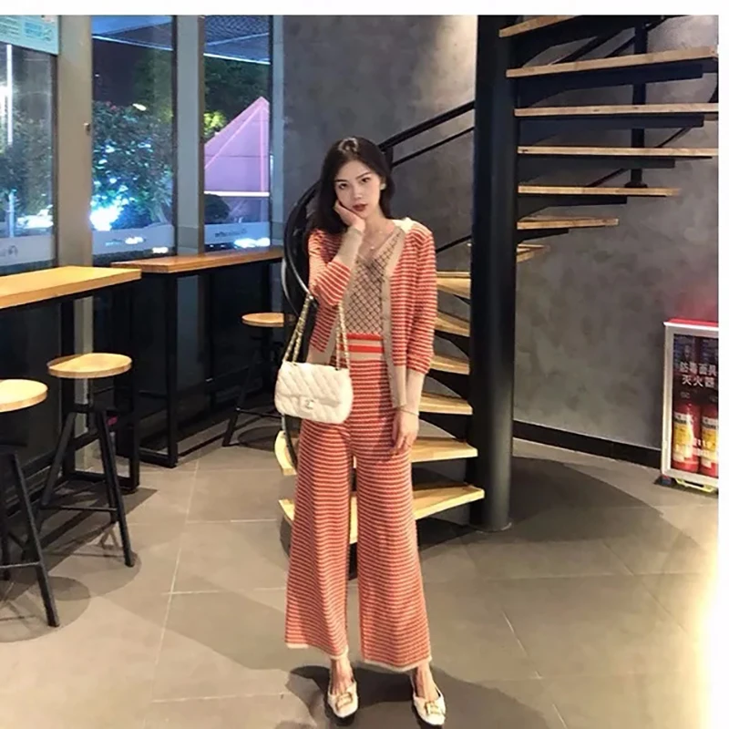 

Vintage Print Stripe Knitted 3 Piece Set Fashion Elegant Women Spring Autumn Cardigan+Vest+Wide Leg Pants Knitwear Straight Suit