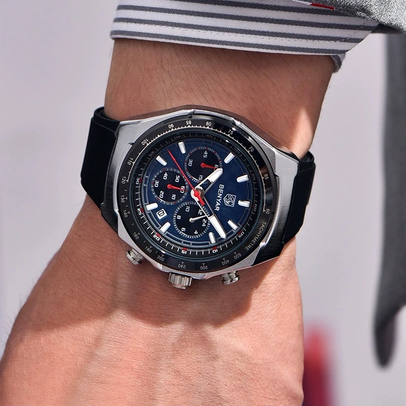 BENYAR 5215 ファッションクォーツ腕時計 メンズ 多機能 防水 シリコンストラップ カレンダー 夜光 スポーツ腕時計