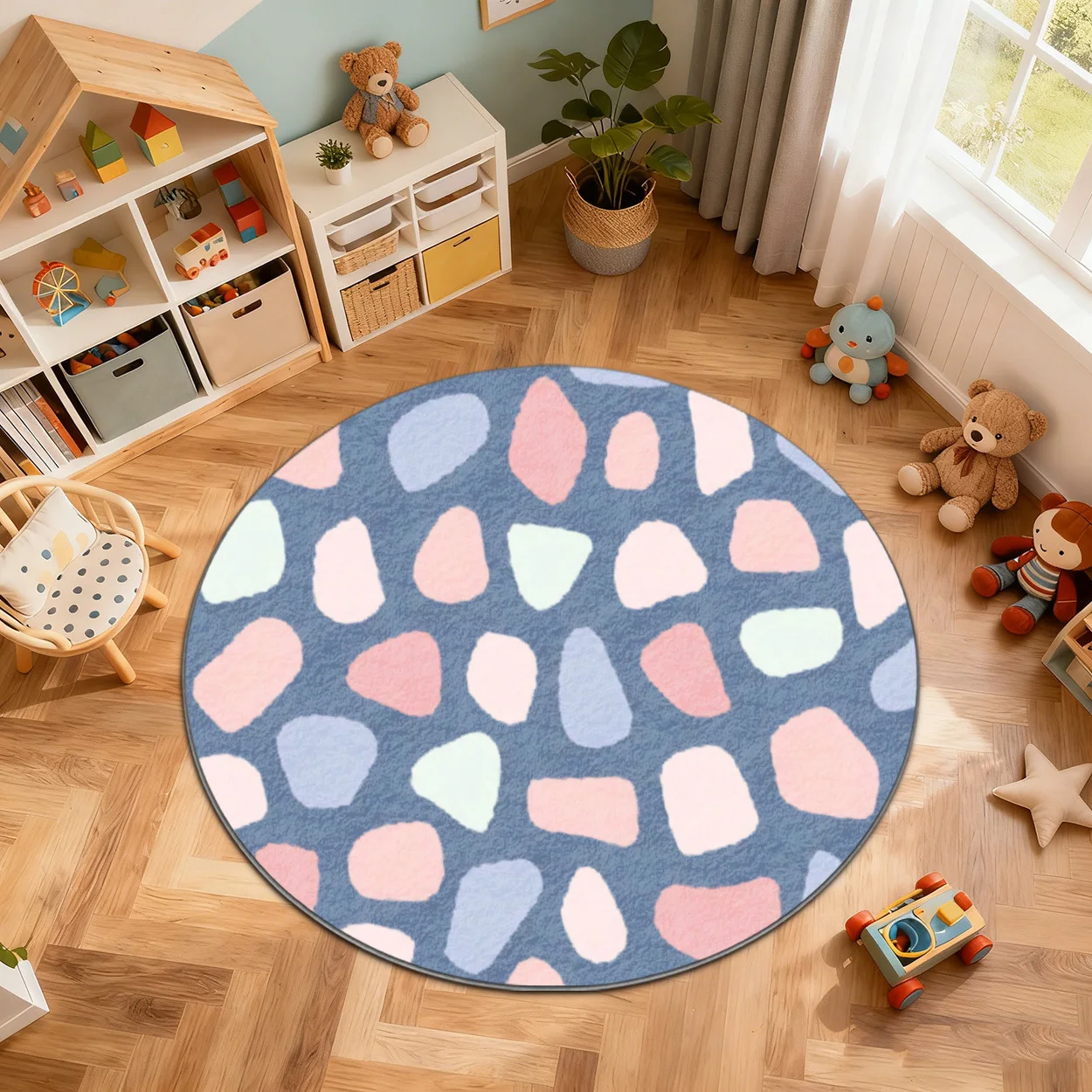 2d Printed Grey Blue Pink White Organic Speckle Round Area Rug Non Slip Floor Mat For Soft Modern Room Decor Gift
