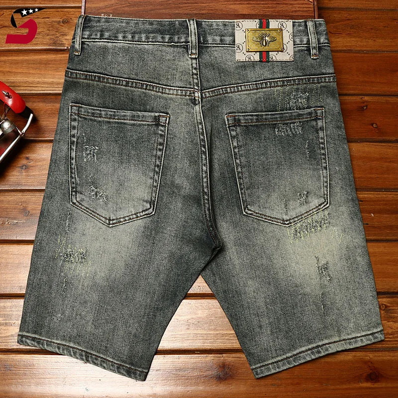 Shorts jeans bordados de alta qualidade para homens, slim fit, calça casual coreana cortada na moda, moda stretch, verão, 2024