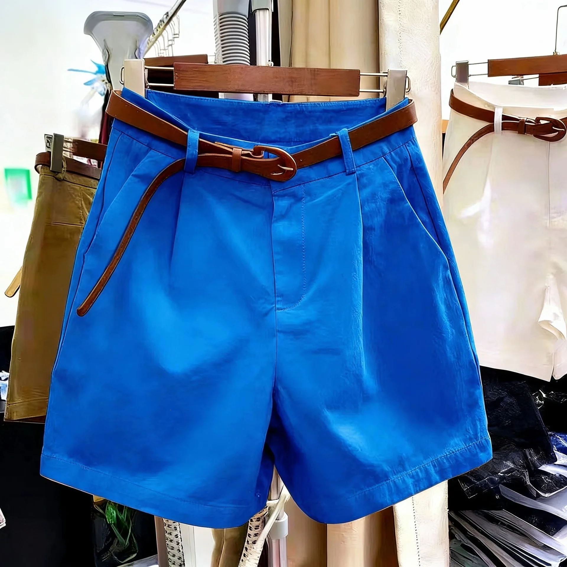 Summer Women's Shorts High-waisted Thin Fashion Loose A-line Short Pants with Belt Cotton Solid Color Wide-leg Shorts Women