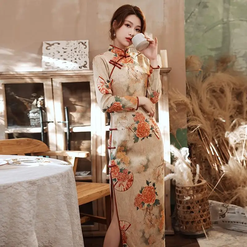 Improved New Cheongsam Dress Spring Long Sleeve Peony Print Chinese Dresses Temperament Style Modern Vintage Qipao For Women