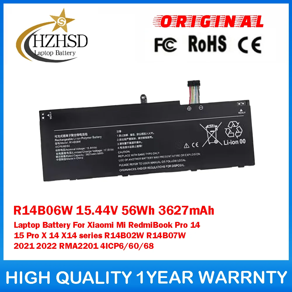 

R14B06W 15.44V 56Wh 3627mAh Laptop Battery For Xiaomi Mi RedmiBook Pro14 15Pro X 14 X14 Series R14B02W R14B07W 2021 2022 RMA2201