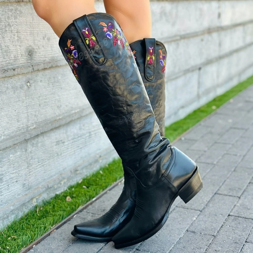 

Black Flower Embroidery Knee High Boots Chunky High Heel Matte Leather Western Knight Boots Women Shoes 2024 Zapatos Para Mujere