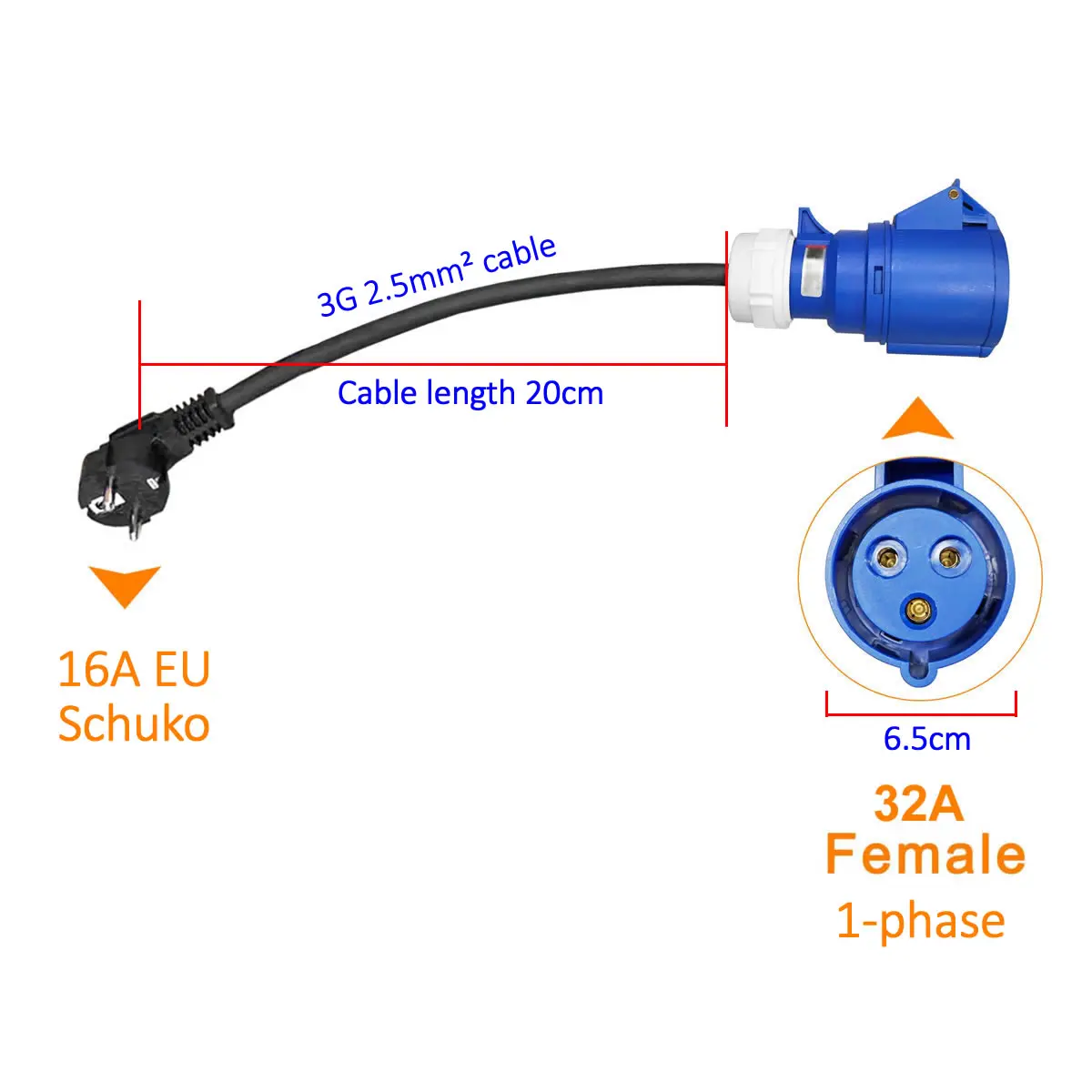 1-phase Blue CEE 32A Socket to Schuko 16A EU Plug Adapter 7KW to 3.5KW Electric Vehicle Charging Adapter For Portable EV Charger