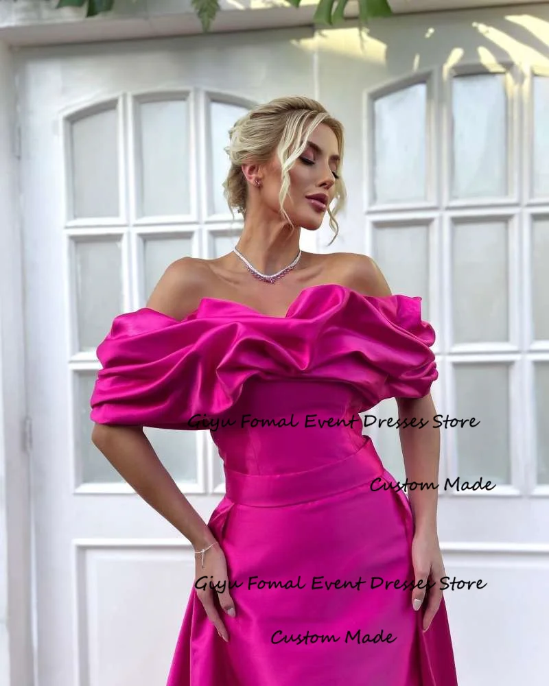 Giyu Hot Pink Evening Dresses Off Shoulder Ruffles Attachable Train Long prom Gowns Formal Party Dress Dubai Arabic Women