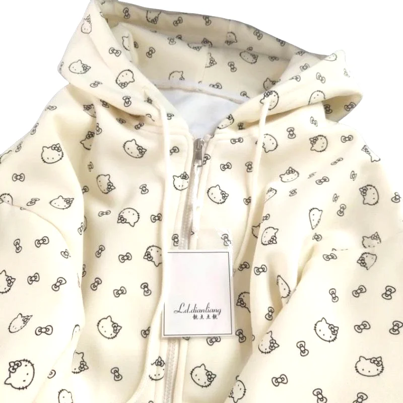 Sanrio Hello Kitty diseño estampado completo Sudadera con capucha versión coreana Y2K lindo estilo de niña abrigo con cremallera mujer otoño dulce chaqueta suelta caliente