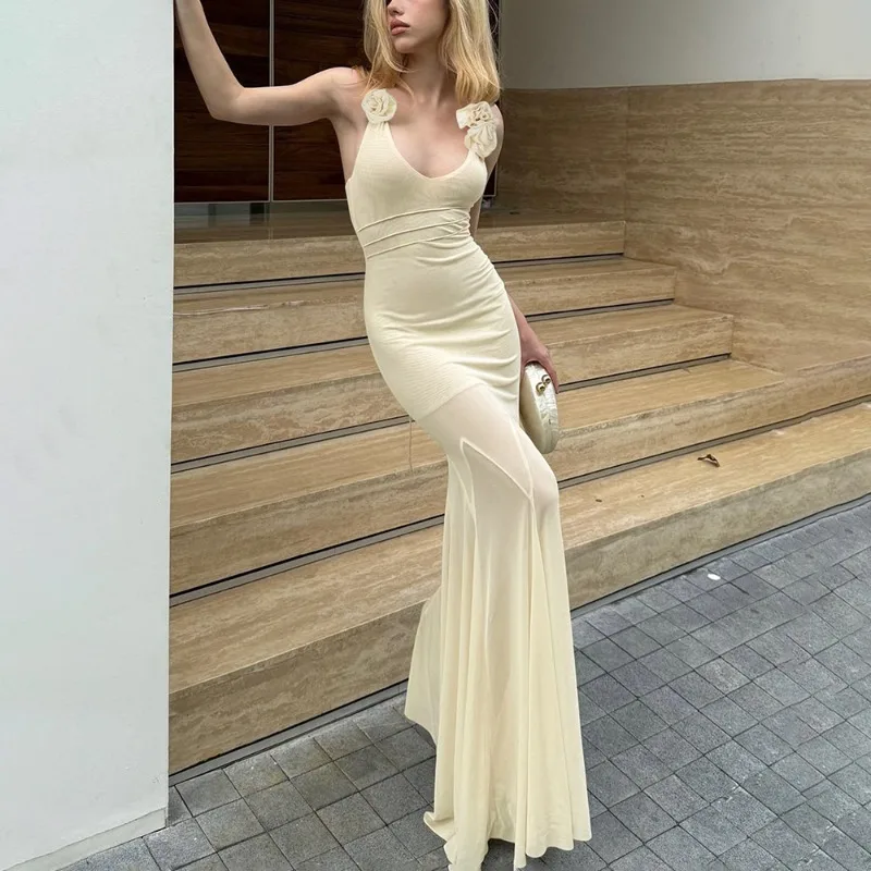 أنيقة السباغيتي الأشرطة فستان طويل الصيف مثير شبكة المرقعة الأزهار الرقبة فستان موضة انظر من خلال فستان سهرة المرأة