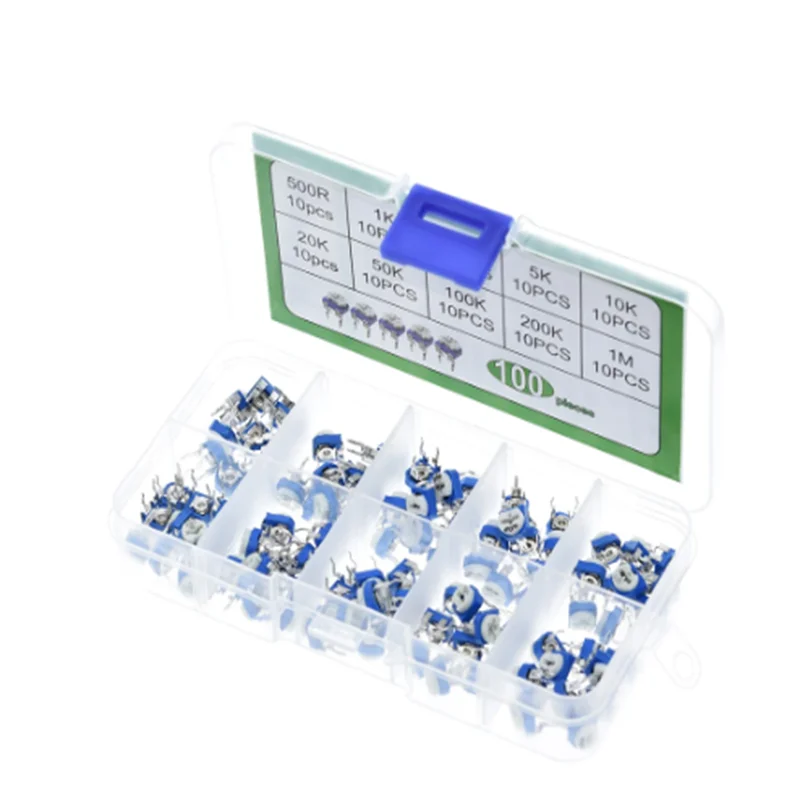 100pcs/box 10 kinds of adjustable resistors RM065 variable 1K2K5K10K50K100K500K Euro 1M horizontal blue and white potentiometer