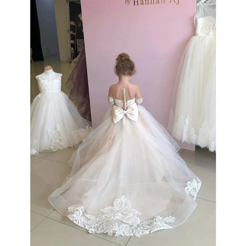 

White Flower Girl Dresses with Bow Tulle Puffy Girl Dress for Wedding Appliques Kid's Dress Child Fomal Gown Baby Girl