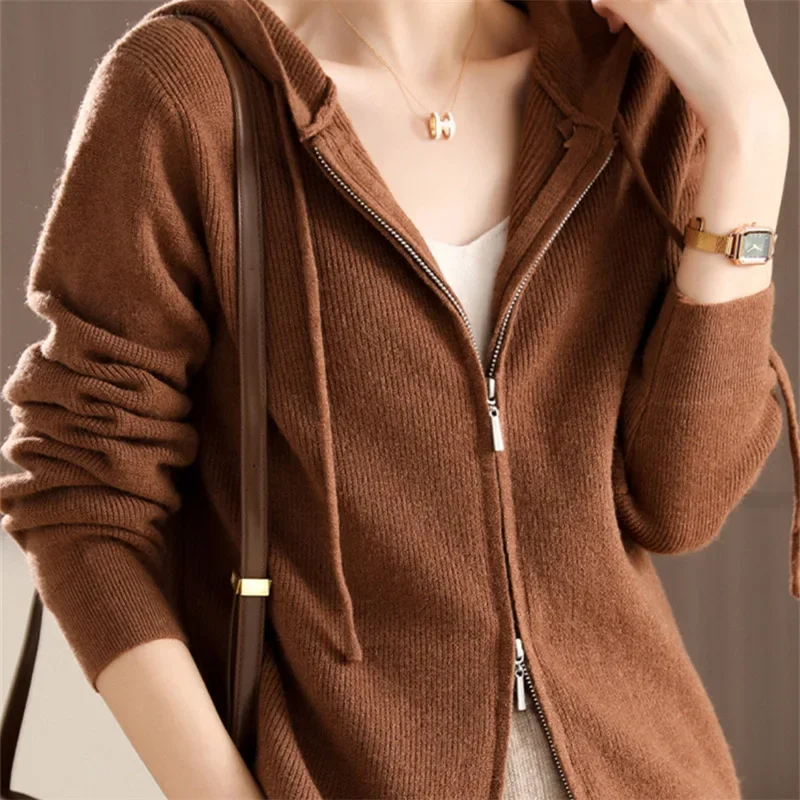 

Women's Casual Hooded Sweater with Zipper, Loose Knitted Cardigan, Long-Sleeved Coats, Fashion Top, Spring and Autumn