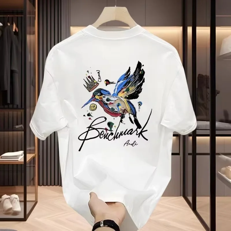 

Summer 2025 Pure Cotton Luxury Brand Bird Print Short Sleeve Fashion Casual High Quality Round Neck Loose Breathable T-shirt