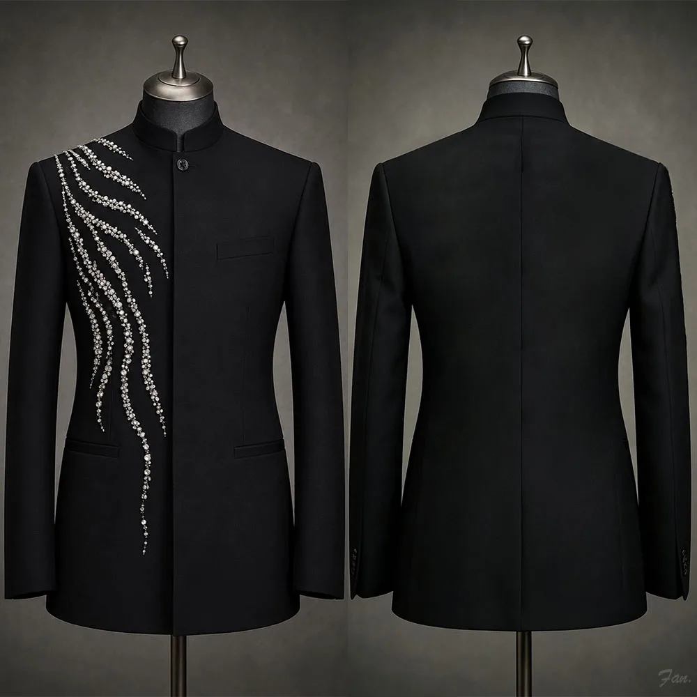 Elegant Black Mandarin Collar Men's Tuxedo Jacket with Asymmetrical Rhinestone Curved Lines Stage Performance Customized M264566