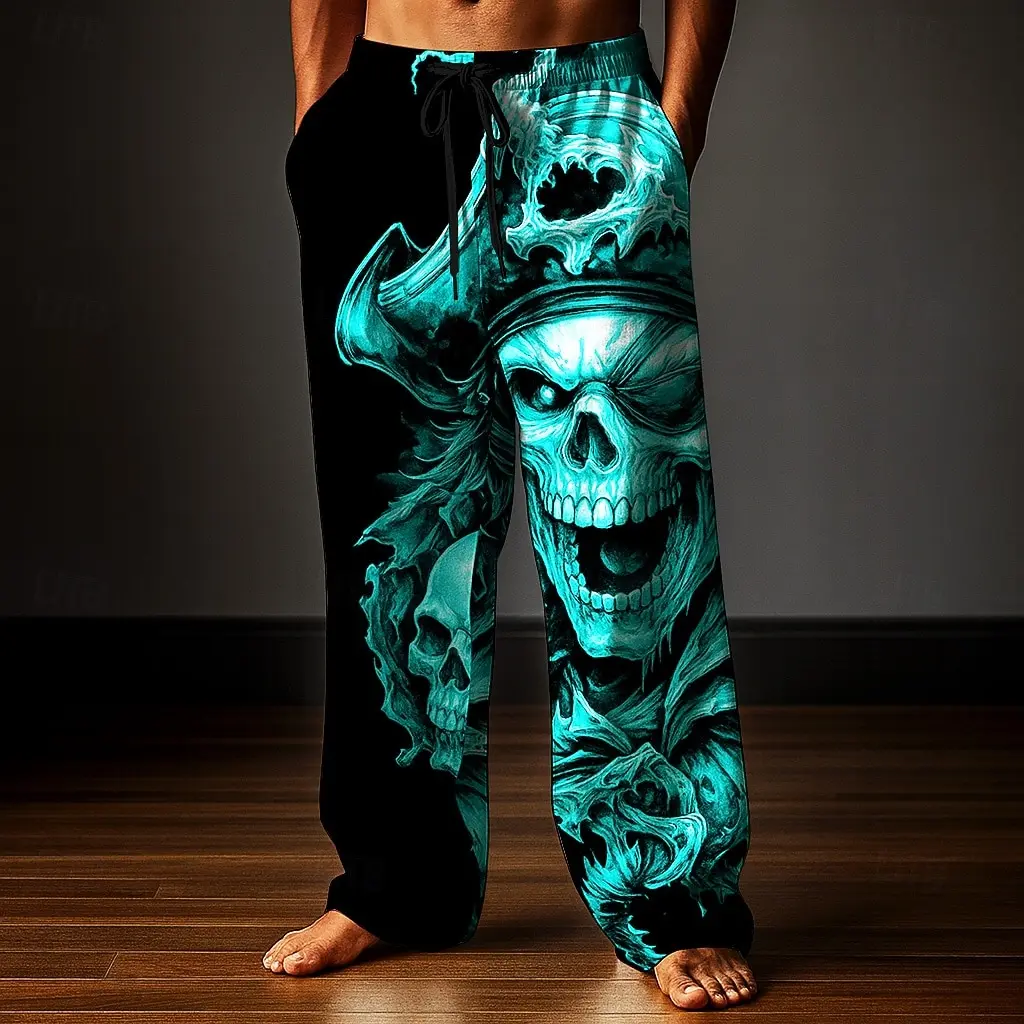 Men's Skull Skeleton Printed Trousers Baggy Pants Casual Pants Mid Waist Elastic Drawstring Waist Pants For Men Streetwear Fall