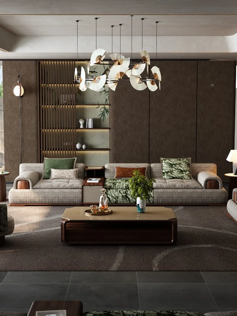 Modern new Chinese light luxury fabric sofa living room sofa with middle cabinet