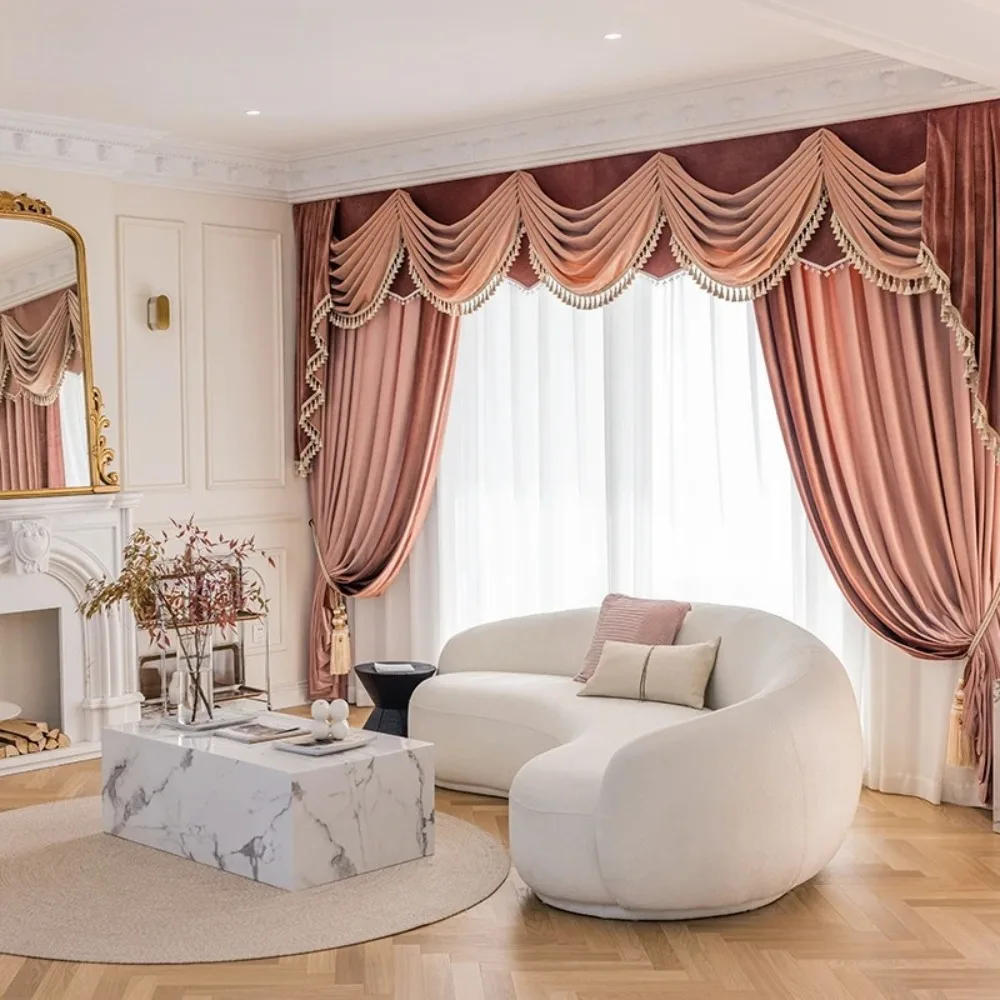 

Custom Size Blackout Living Room Velvet Pink French Light Luxury Velvet Curtain and Partition Door Home Decor