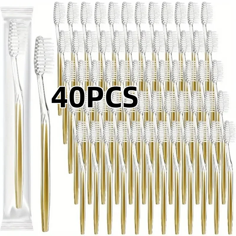 40/60Pcs Per Pack of Gold-Colored Premium Disposable Toothbrushes, Medium-Soft Bristles, Nylon Manual Toothbrushes, Individually Packaged, for Travel and Hotel Use, Adult Oral Care