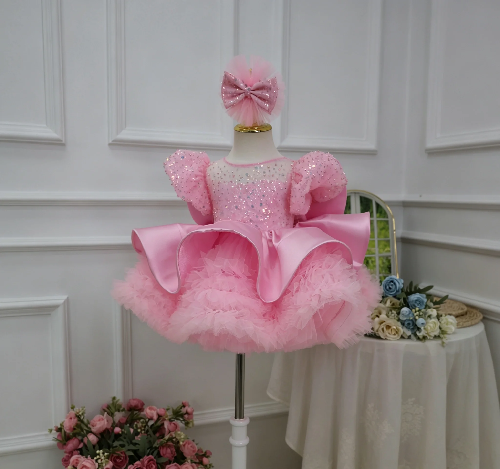Pink Flower Girl Dresses for Wedding with Bow Puffy Knee Lenght Cute Kids Birthday Party First Communion Ball Gown Custom