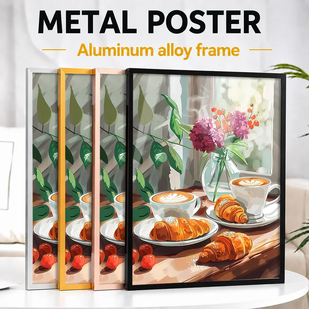 Coffee Breakfast Croissant Metal Poster With Aluminum Alloy Frame Customized Painting Style Wall Art For Kitchen And Dining Room