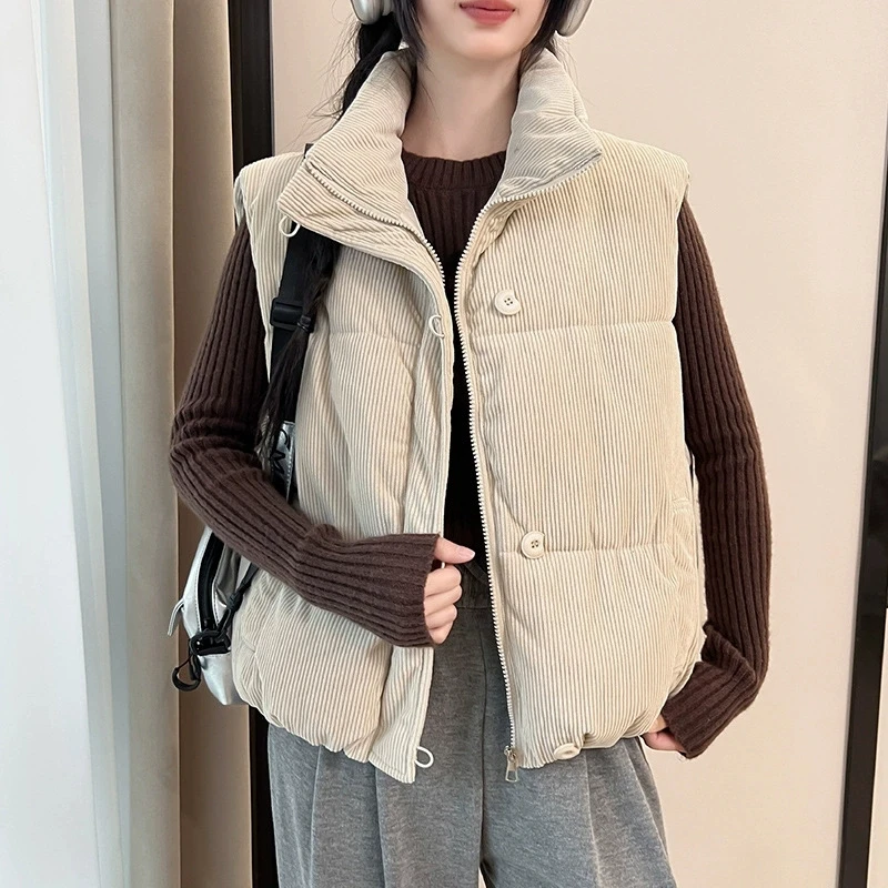 

2025 Loose Down Feather Corduroy Cotton Vest Zipper Closure Pink Commute Women's Vest Autumn Winter Fasion Ladies