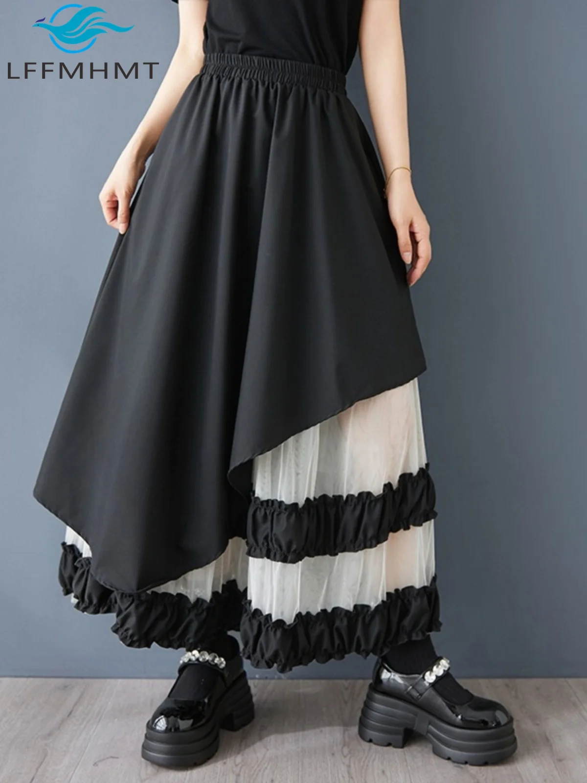 5125 Asymetrical Mesh Patchwork Skirt for Women Spring Fashion Loose Casual High Elastic Waist A-line Dress Female Retro Clothes