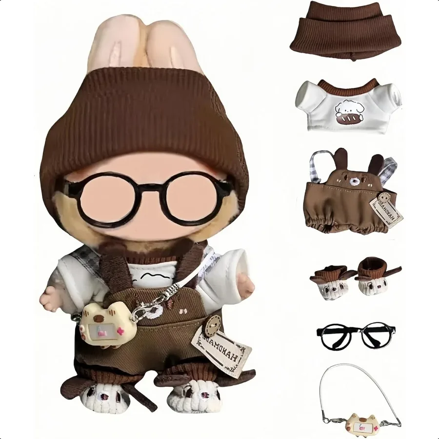

6 Set 17cm Doll Clothes Clothes for Dolls Outfit Accories for 17cm Dolls Clothes TShirt + Overalls + Hat + Small Camera + Glass
