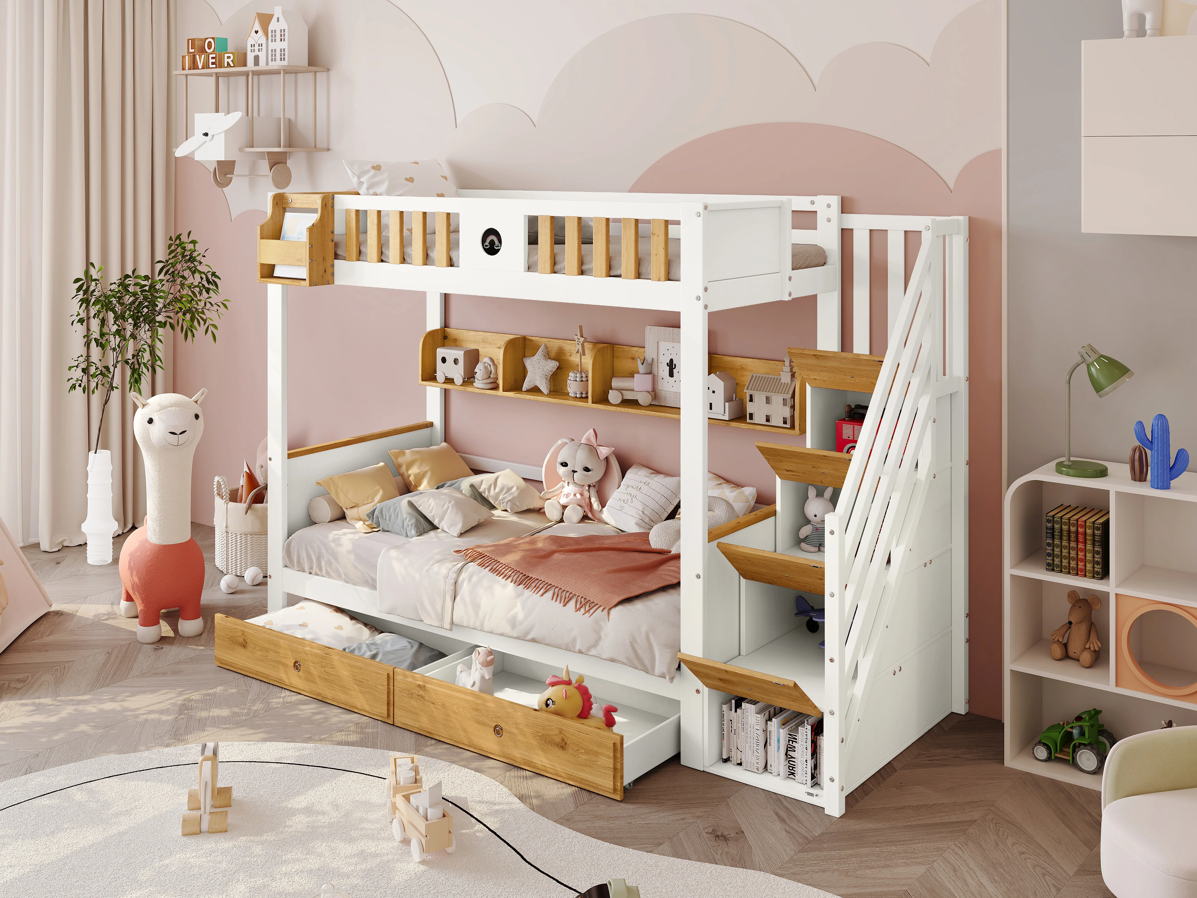 PINGGO Weißes Naturholz-Etagenbett 90x200cm mit Stauraum-Treppe, 4 Schränken, 2 Schubladen, offenem Regal, Fallschirmgitter, Kiefer+MDF, ohne Matratze – Detail 1