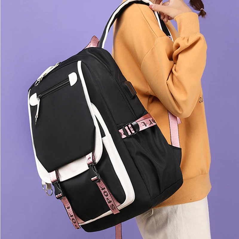 large school bags for teenage girls USB port canvas schoolbag student book bag fashion black pink teen school backpack