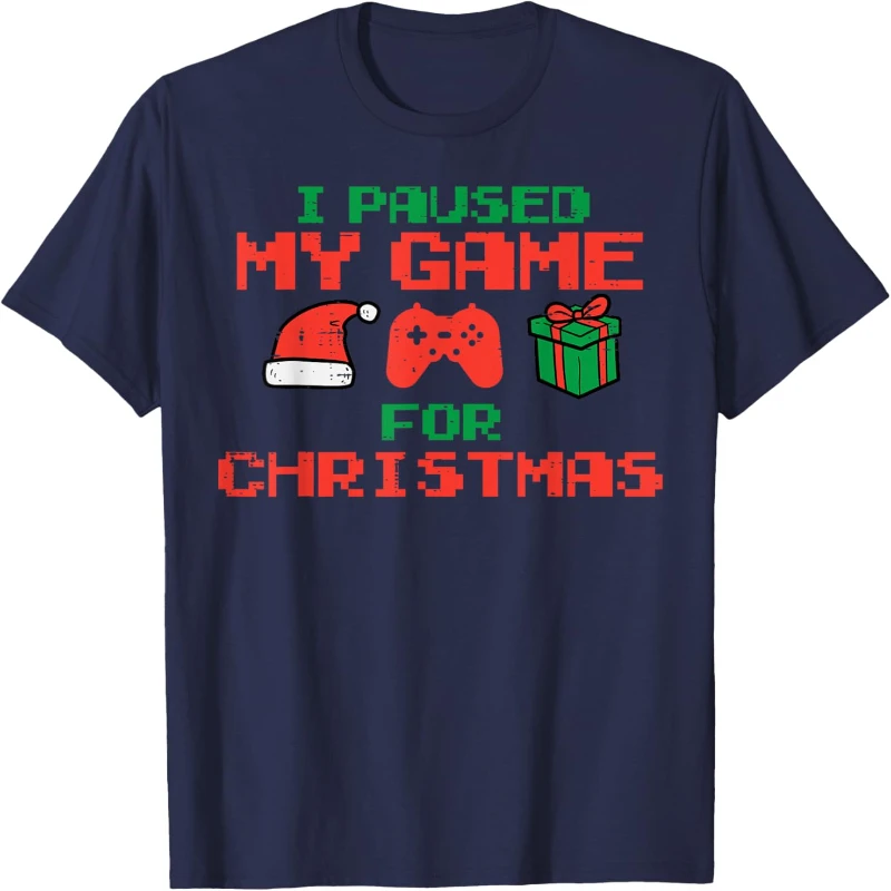 Paused My Game Christmas Gamer Trending Xmas Gaming Men Boys T-Shirt High Quality Cotton Crewneck Printed T-shirt Tops Adult