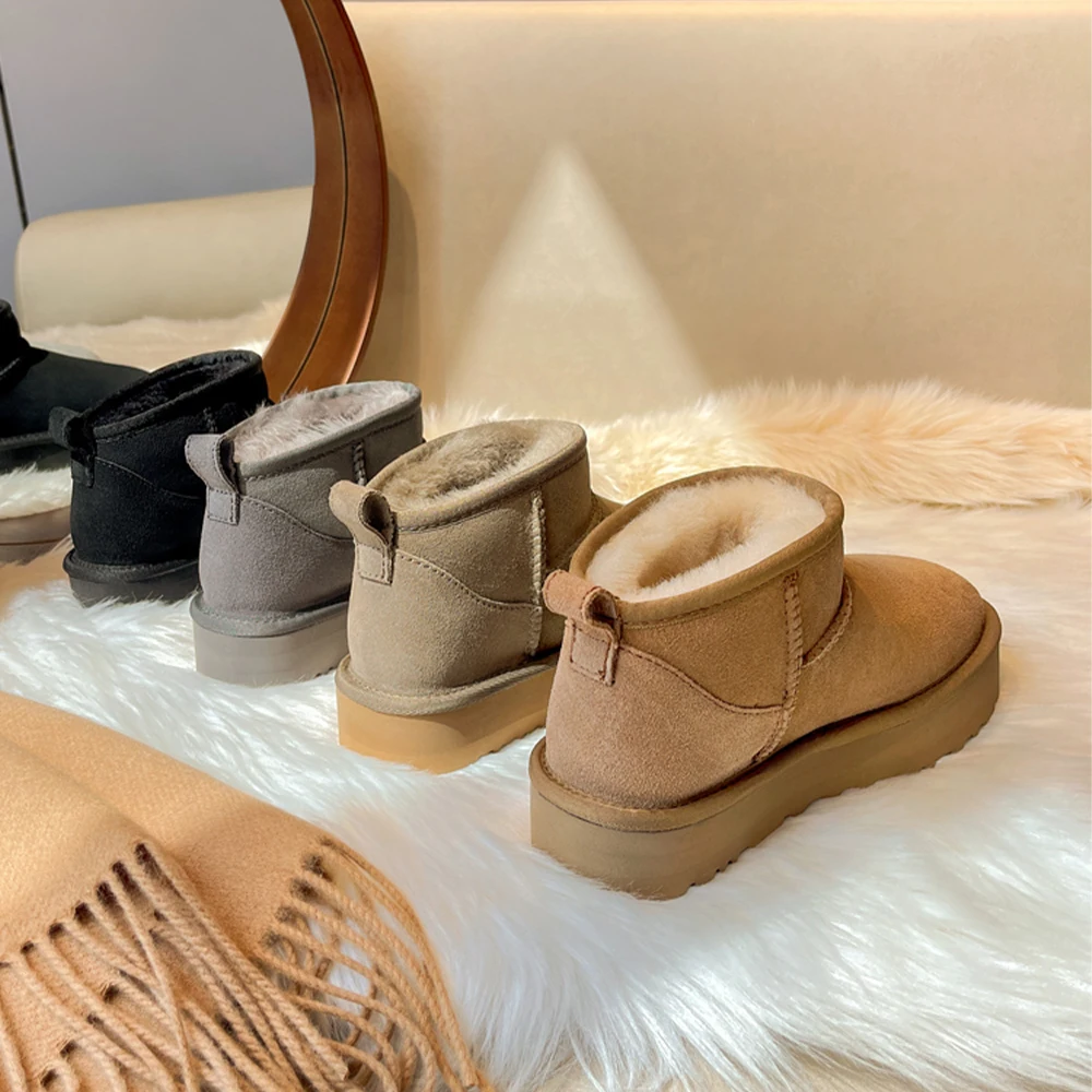 Smile Circle Classic Ultra Mini Platform Snow Boots Women Sheepskin Suede Leather Warm Natural Wool Round Toe Winter Ankle Boots