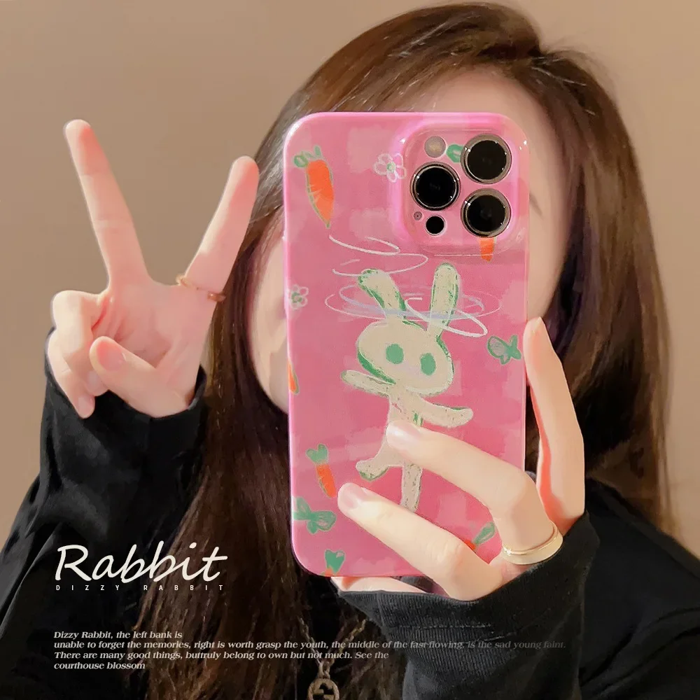 Lovely Playful Dancing Rabbit Phone Case for IPhone16 15 14 12 13 11 Pro ProMax Plus Mini X XR XSMax Shockproof Phone Cover