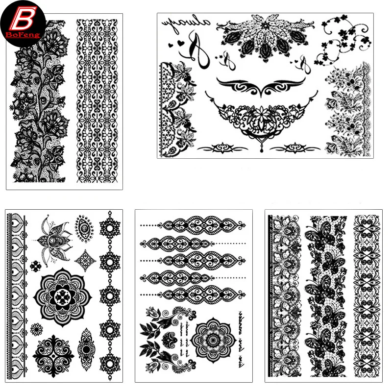 Black Waterproof Henna Lace Tattoo Sticker Butterfly Flower Temporary Eco-Friendly Tattoo Sticker Long Lasting Body Art Tattoos