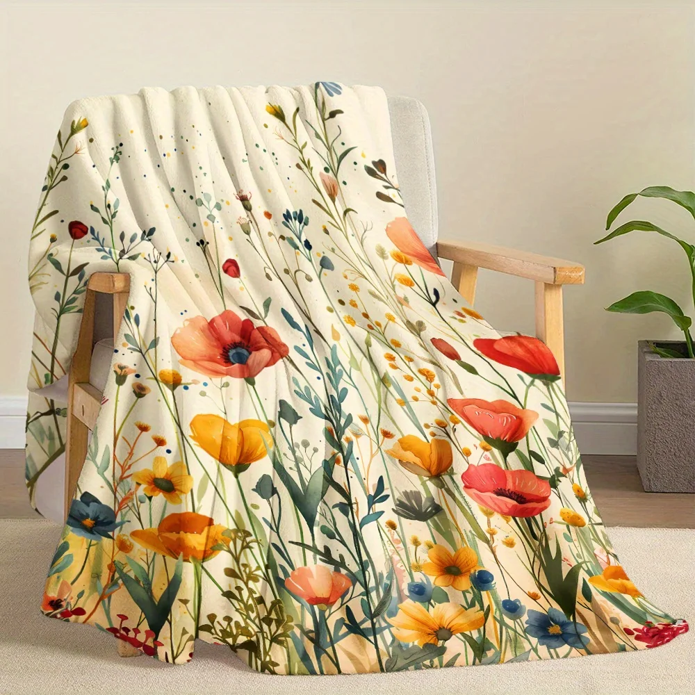 Soft & Warm Polyester Fleece Blanket,Vintage Watercolor Style Orange Poppy Flowers & Plants Print, Contemporary Digital Print