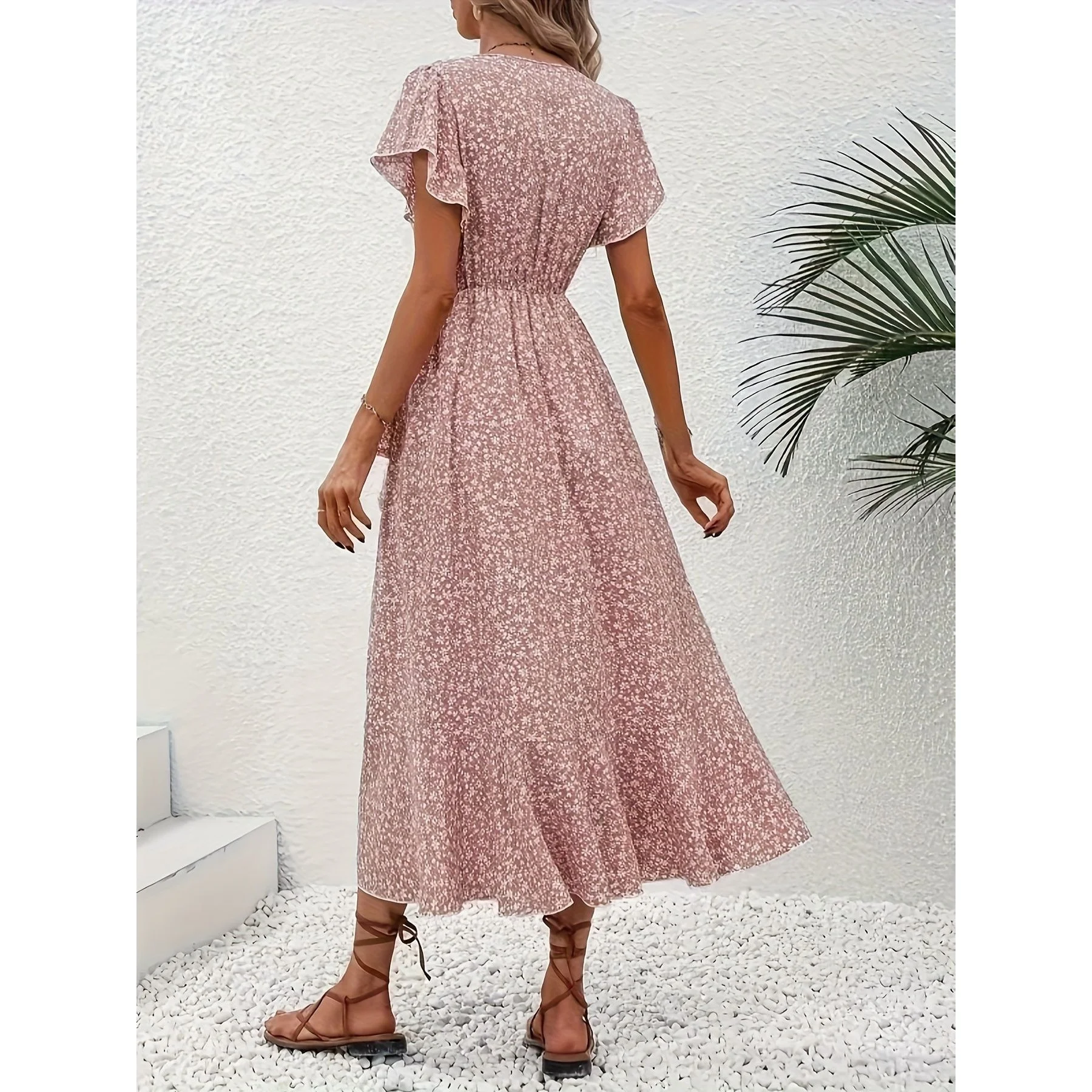 Elegant V-neck Short-sleeved Bohemian Print Wrap Dress Summer Holiday Casual Chic Independent Station Cross-border Fashion