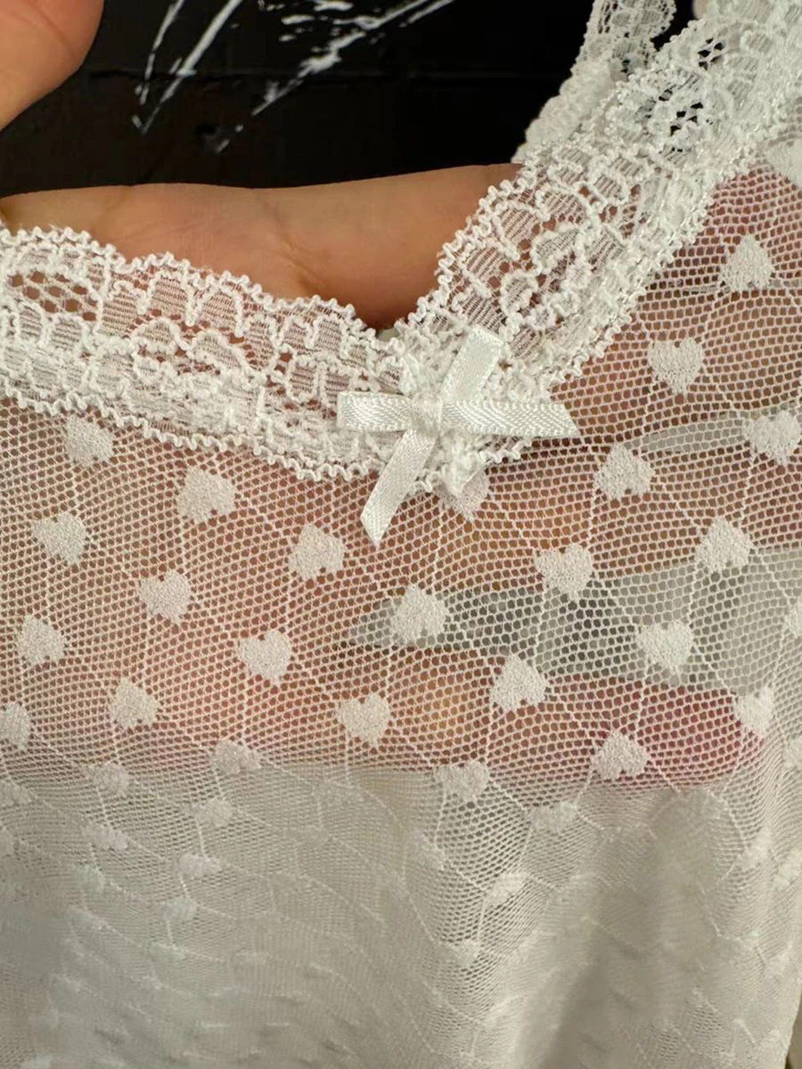 Hearts Jacquard Sexy Sheer Tank Tops Woman Summer Bow V Neck Sleevless Lace Trim Slim Thin Camis Solid Sweet Mesh Y2k Crop Top