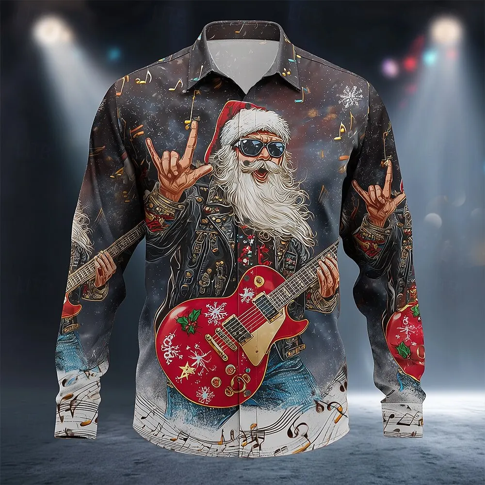عيد الميلاد الرجال سانتا كلوز روك الغيتار قميص زر يصل قميص طويل الأكمام مضحك هدايا عيد الميلاد الربيع 3D طباعة الياقات القمصان #2