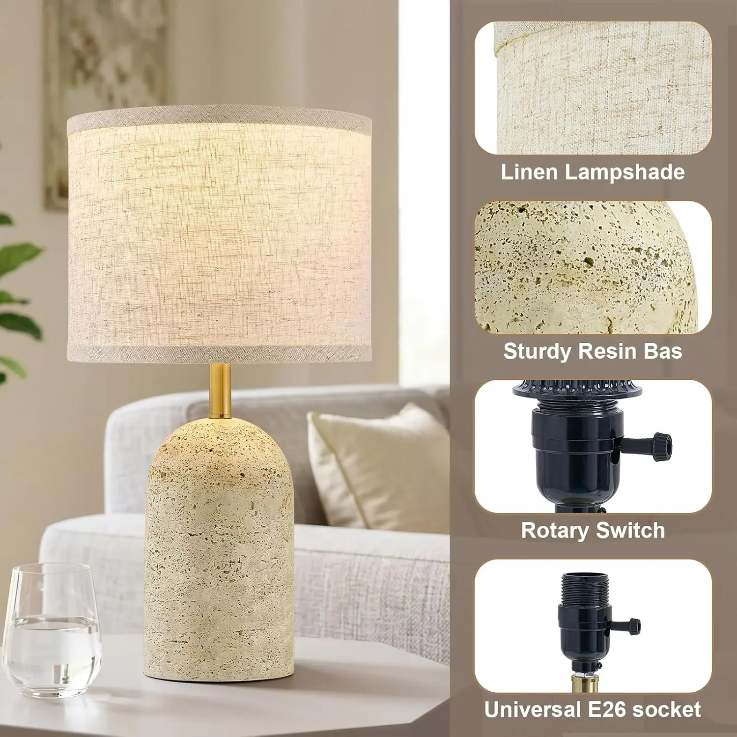 2-Piece Stone-Look Resin Table Lamps, 18" Bedside Lamps for Living Room, Bedroom, Nightstand, Home Office, Warm Lighting with Linen Shades view 3