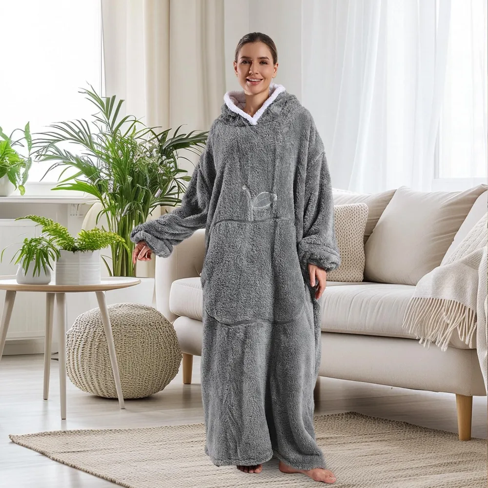 Women Hooded Sleepwear Wearable Blanket Double Sided Sherpa Fleece Long Sleeve Loungewear Pajamas Robe Winter Gifts Homewear
