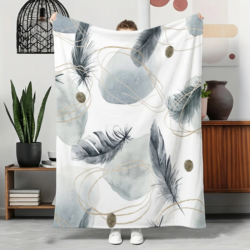 White Background Gray Blue Feather Gold Line Abstract Flannel Blanket For Elegant Bedroom Decor Soft Warm Throw Blanket Wrap