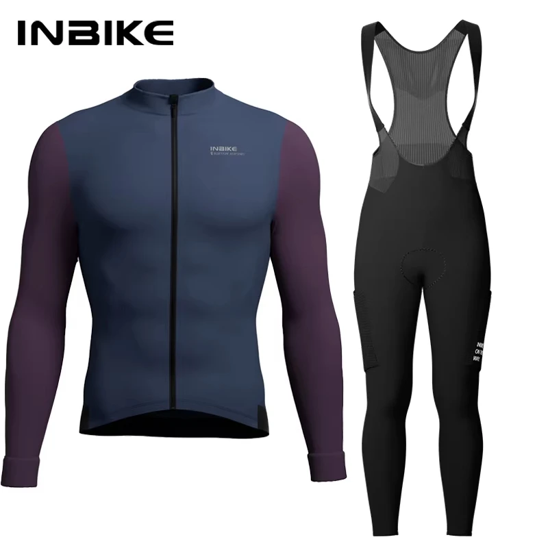 INBIKE Winter-Radsportbekleidung für Herren, Fleece-Radsport-Sets, langärmliges Trikot mit Taschen, lange Fahrrad-Trägerhose für Rennräder