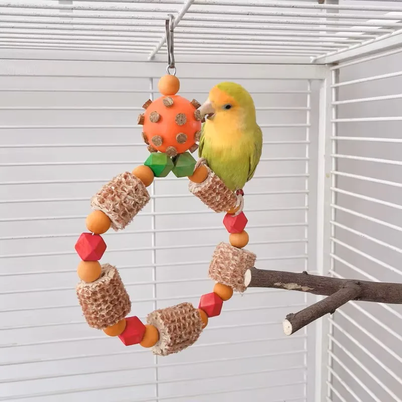 Vogel-Kauspielzeug für Papageien, Futtersuche, Puzzle-Ball, interaktive Schaukel, Vogelständer, Papagei-Futtersuche-Spielzeug, Schaukel, bunte Hängeringe