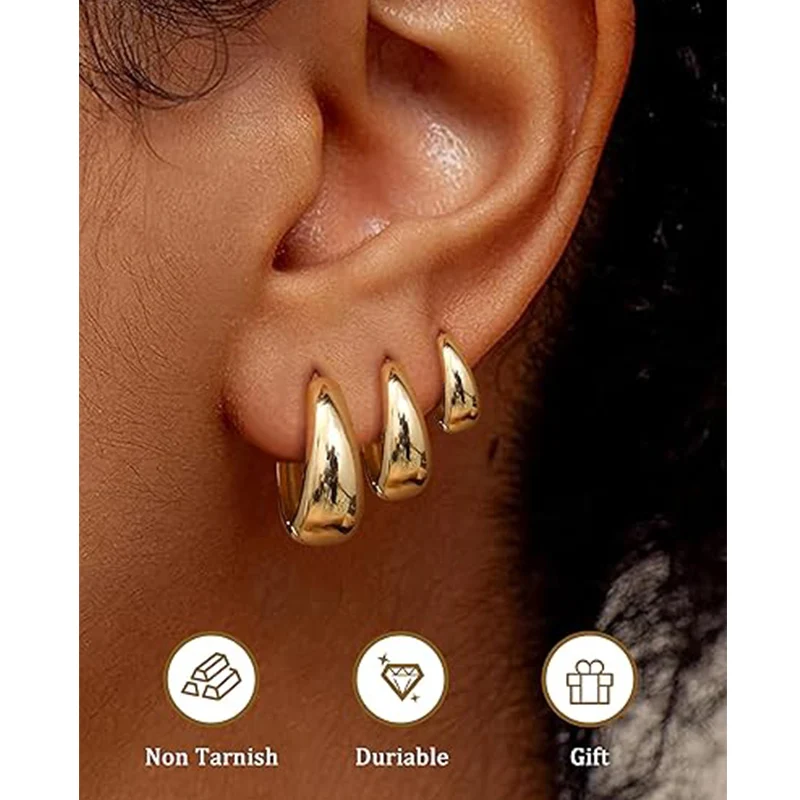 3 Pairs 14K Gold Plated Hoop Earrings Set for Women Chunky Huggie Earrings Multiple Piercing Ear Stack Jewelry Gift